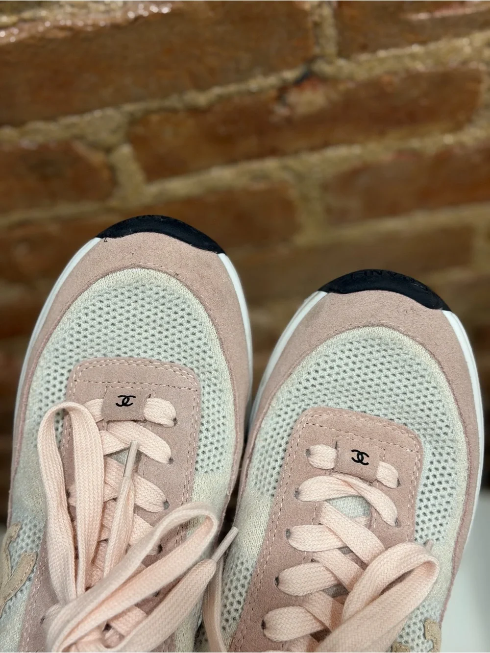 Chanel CC Size 39 Two Tone Knit Fabric and Suede Lace Up Sneakers